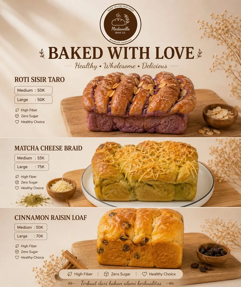 Roti Sisir Taro 50K Β· Matcha Cheese Braid 55K/75K Β· Cinnamon Raisin Loaf 50K/70K